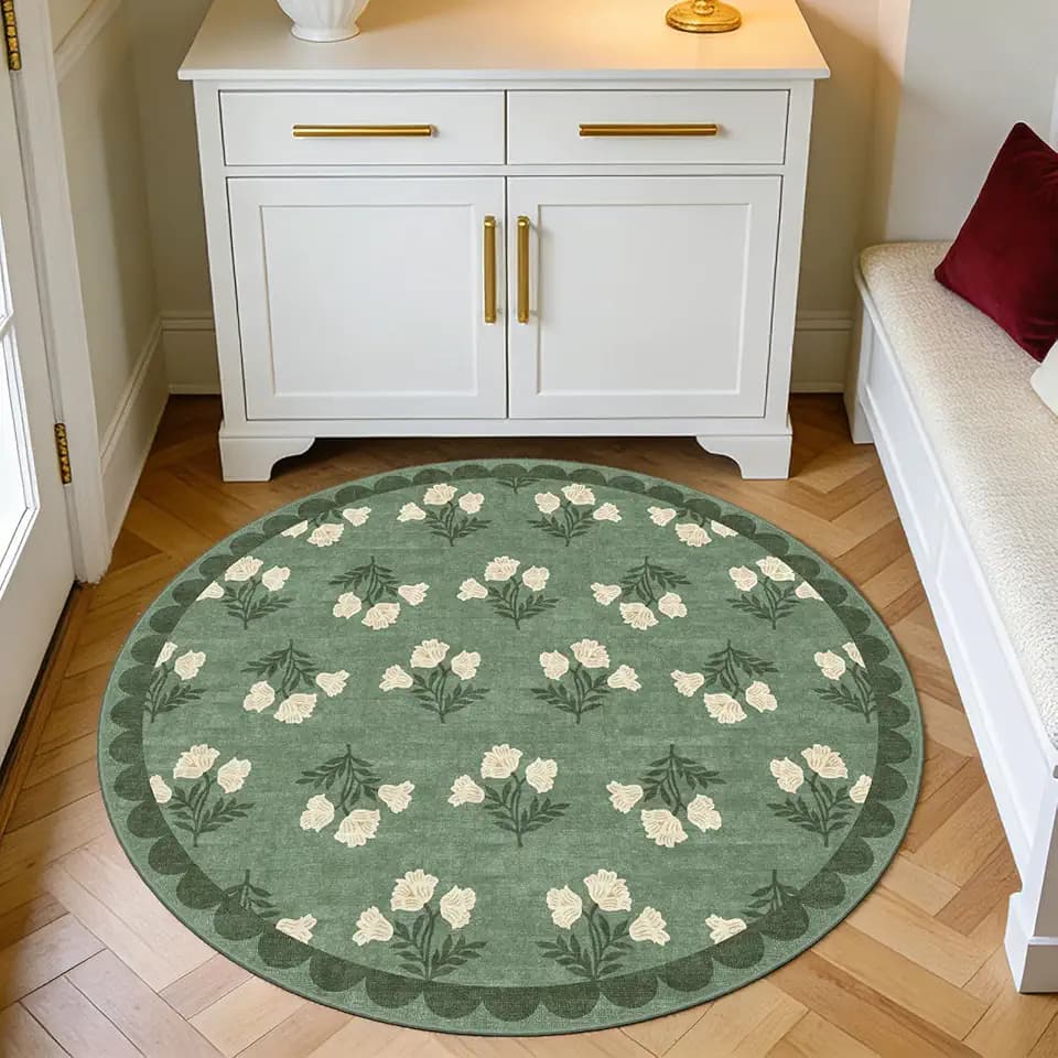 Sage Green 3ft Entryway Round Rug, 3x3 Small Floral Circular Rug