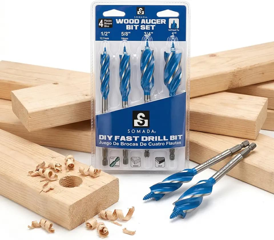 SOMADA Auger Drill Bit Set for Wood, 4-Piece, Hex Shank Quick Change