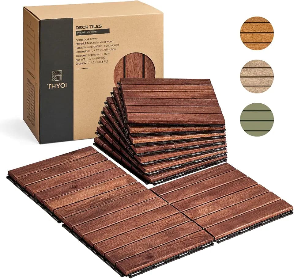 THYOI Premium Deck Tiles, 10 Pcs Patio Flooring - Brown - Striped Pattern