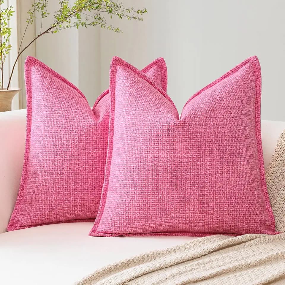 OTOSTAR Pack of 2 Rose Pink Decorative Pillow Covers 22x22 Inch Soft Linen Texture Couch Throw Pillows Farmhouse Cushion Covers with Elegant Design for Sofa Bedroom Living Room Home Decor 55 x 55 CM