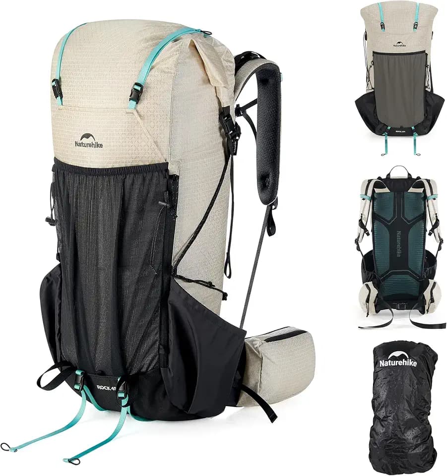 Naturehike 45L Rock 2.0 Upgraded Internal Frame Hiking Backpack for Outdoor Camping Travel Backpacking, Ultralight with Rain Cover Backpack for Adults(White/M/45L)