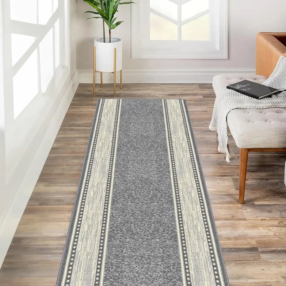 Kapaqua Custom Size Grey Ivory Bordered Rubber Backed Non-Slip Hallway Stair Runner Rug Carpet 22 inch Wide Choose Your Length 22in X 16ft