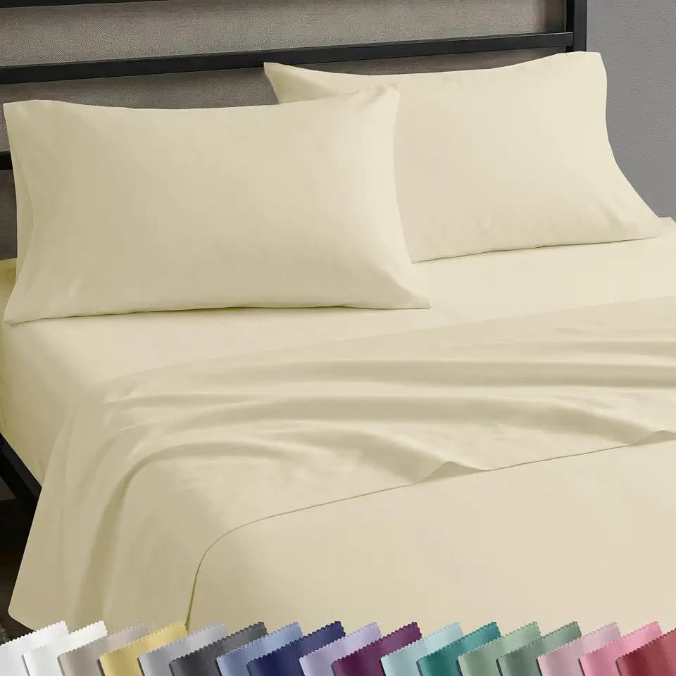 Soft Natural 100% Cotton Sateen Full Size Bed Sheets, 4 Pc Set, Butter