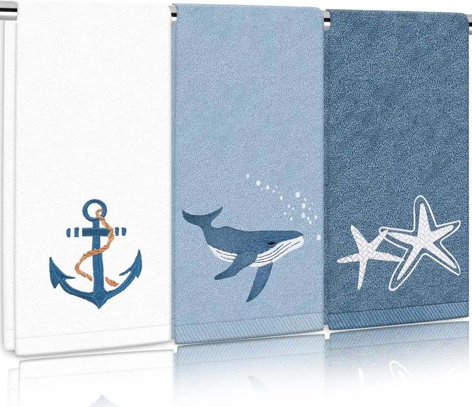 FYSUIMU 3 Pcs Nautical Hand Towels Cotton Embroidered Bathroom Towels Anchor Starfish Whale Absorbent Bath Towel for Hand Drying Cleaning Cooking, 29.5 x 13.7 Inch