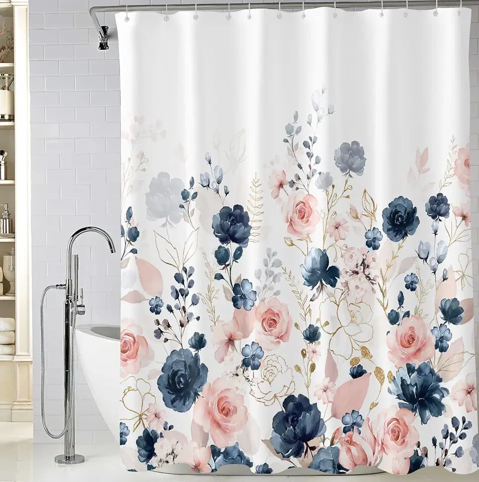Extra Long Navy Blue and Pink Roses Floral Shower Curtain 72 x 84 Inch, Waterproof Fabric Watercolor Flowers Bathroom Shower Curtain with Hooks