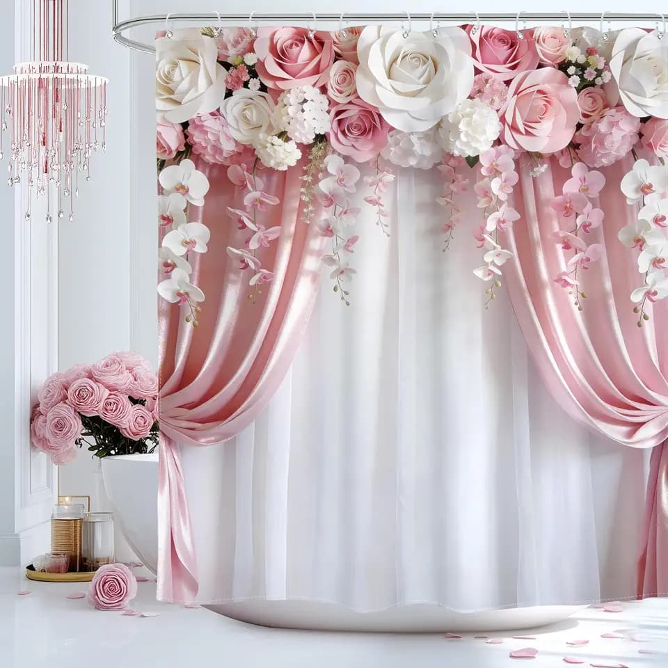 Pink Rose Shower Curtain Girl Women Spring Blossom Bathroom Curtain Set