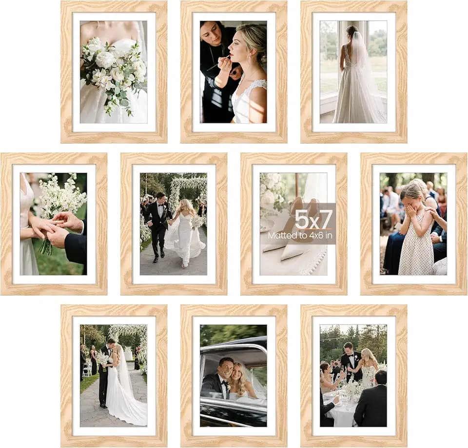 upsimples 5x7 Picture Frame Set of 10, Display Pictures 4x6 with Mat or 5x7 Without, Multi Photo Frames Collage for Wall or Tabletop Display, Natural