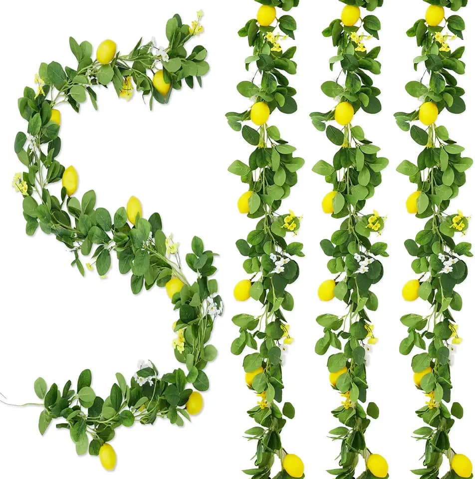 Garvee 3 Pcs 6.56 ft Artificial Lemon Garland, Spring Summer Greenery Vines Garland with Lemons, Flowers & Green Leaves, Decorative Fake Fruit Vines for Wedding Wall Mantle Table Home Party Decor