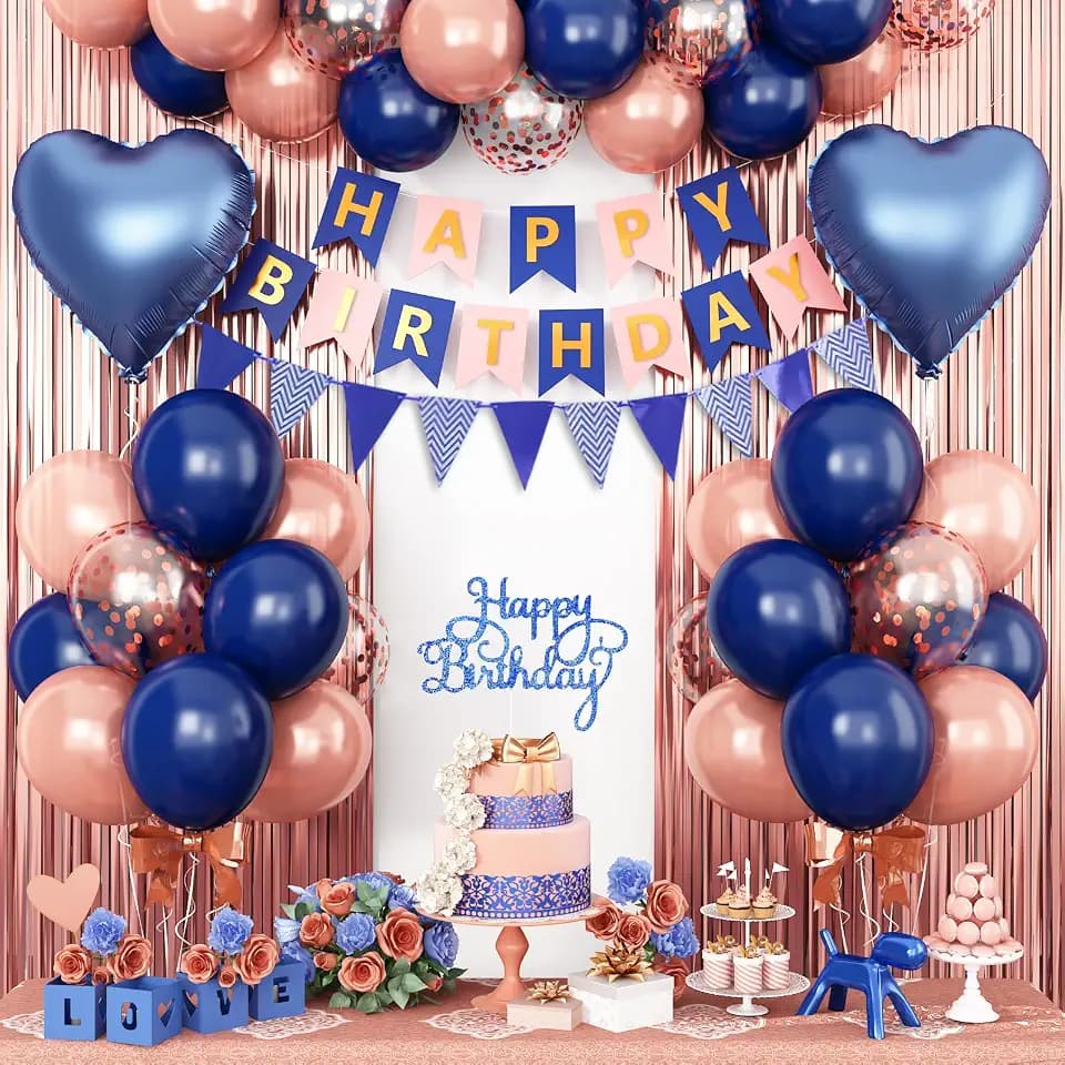 Navy Blue Rose Gold Birthday Decorations,Birthday Balloons Set