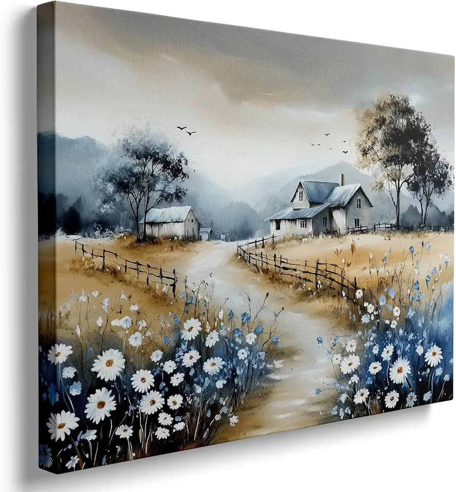Rustic Farmhouse Canvas Wall Art Country Landscape with Daisies Painting, French Countryside Barn Print, Nature Mountain Scenery Wall Decor for Living Room, Bedroom, Bathroom Office (16''x24'')