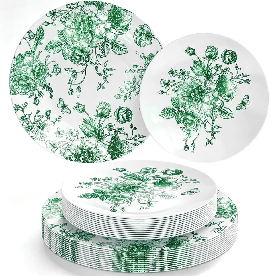 FYSUIMU 40Pcs Green Floral Plastic Plates Vintage Flower Reusable Plate Chinoiserie Dinner Dessert Plates for Birthday Baby Shower Party Supplies Table Decor