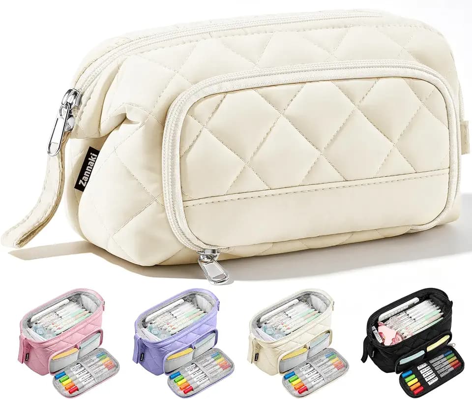 Zannaki Soft Quilted Large Pencil Pouch Organizer with Wide Opening for Boys Girls Teens - Extra Big Capacity Pen Pencil Bag with Zipper, Portable Pencil Case Box for School, College, Cosmetic Gift
