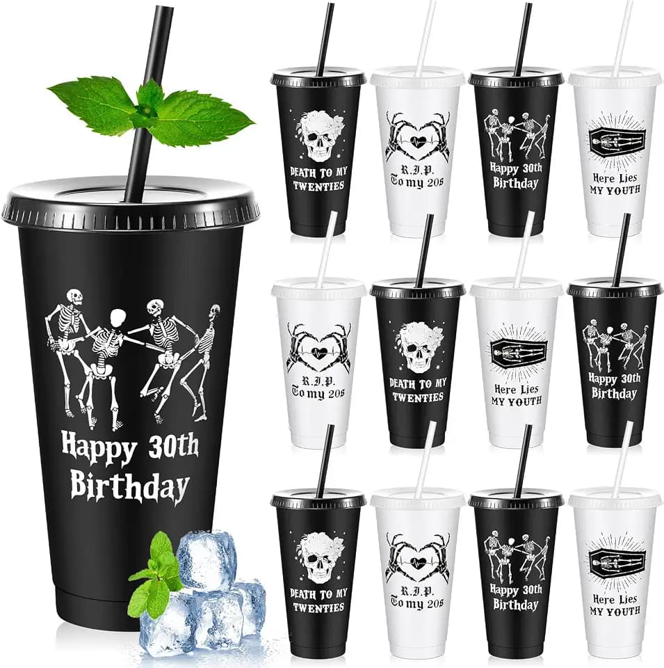 12 Pcs Death to My 20s Party Cups, 30th Birthday Cups with Lids and Straws