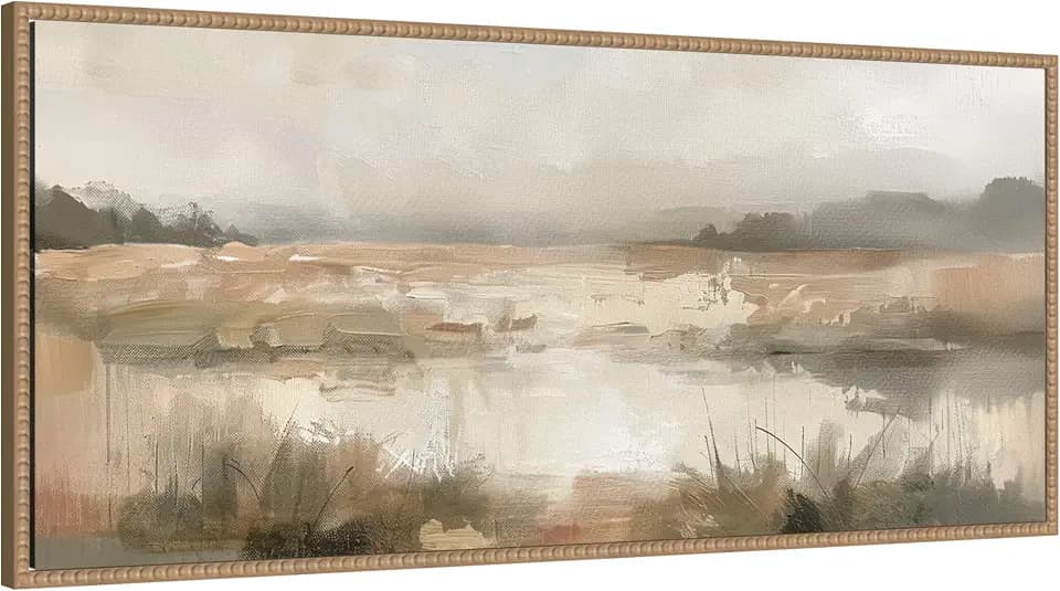 Kate and Laurel Framed Canvas Wall Art Print Neutral Abstract Landscape Panel by The Creative Bunch Studio, 40 x 18 Sylvie Beaded Rustic Natural Frame, Modern Contemporary, Landscape Art for Wall