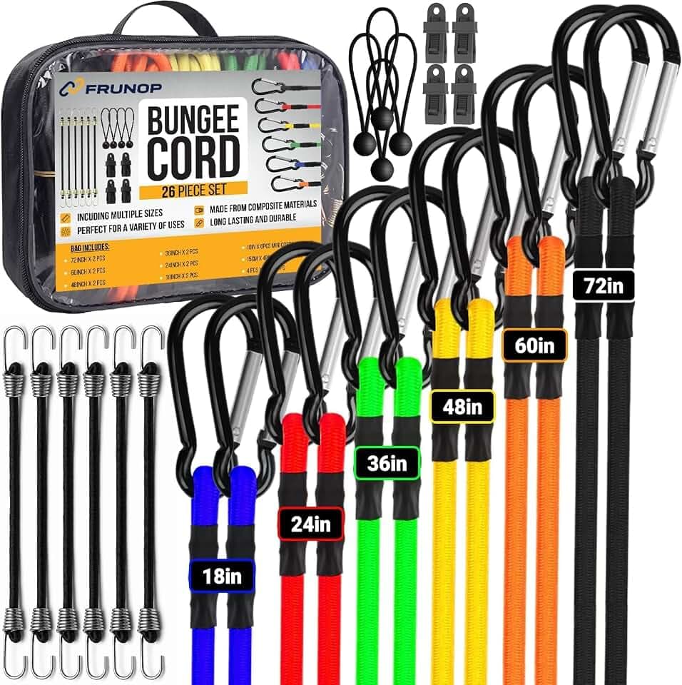 Bungee Cords with Carabiner Hooks (26-Piece Set)–Heavy Duty Assorted Sizes (72", 60", 48", 36", 24", 18") – Includes Ball Bungees, Tarp Clips, Mini Straps & Organizer Bag–Ideal for Home & Outdoor Use