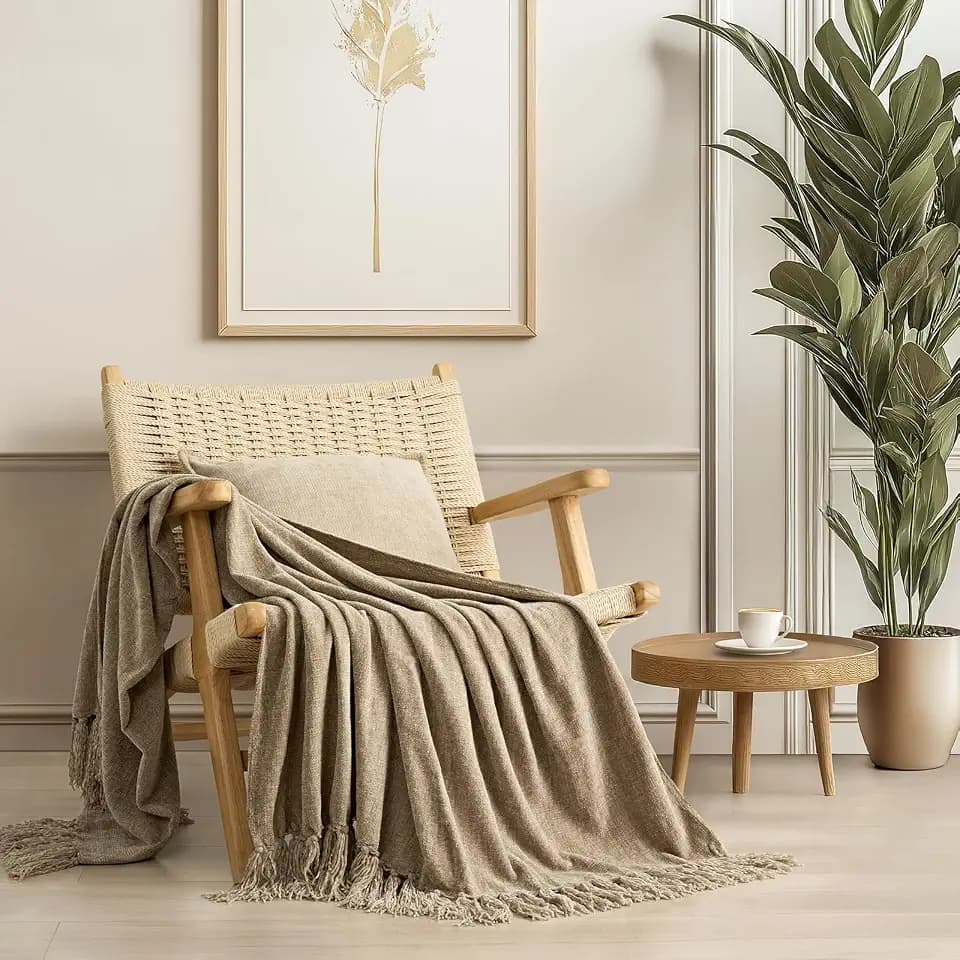 EverGrace Chenille Knit Throw Blanket for Couch, 60"x80", Beige