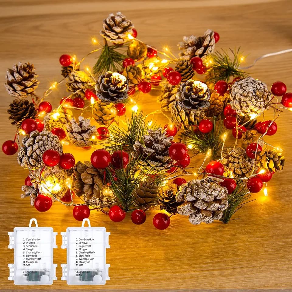 Minetom Christmas Pine Lighted Garland Decor,9.8 Ft 60 LED with 8 Modes 2PC