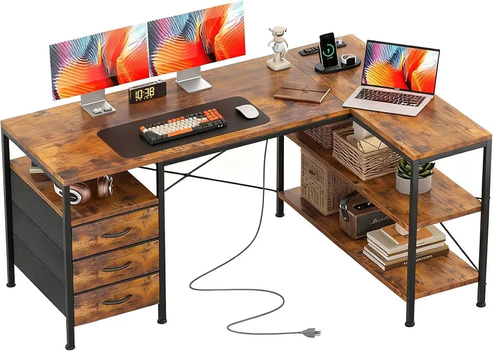 Alpen L Shaped Computer Desk, 47.2 Inch Corner Desk with Drawers and Power Outlets, Home Office Desk for Gaming, Study Writing PC Table with Storage and Reversible Shelf, Rustic Brown