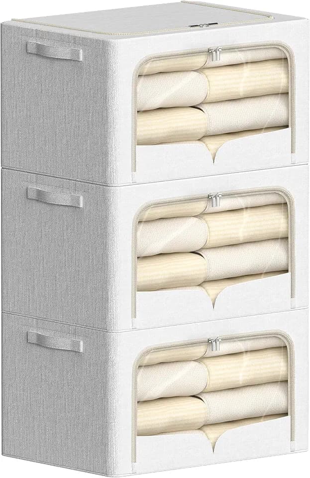 FHSQX 3 Pack Clothes Storage Bins Foldable Metal Frame Storage Box Stackable Linen Fabric Container Organizer Set with Carrying Handles and Clear Window (Cream White, 15.7x11.8x7.8inch(22L))