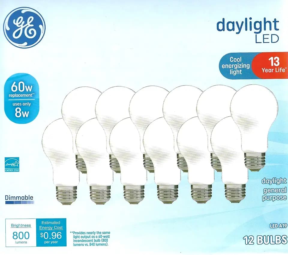 GE Daylight LED Light Bulbs, 8 Watt (60 Watt Equivalent) Cool Energizing Light, Standard Bulb Shape, Medium Base, Dimmable (12 Pack)