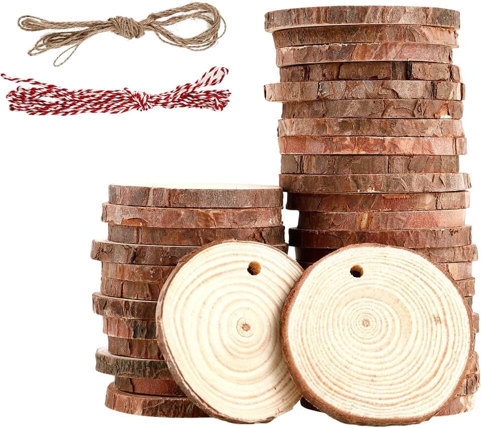 40 Stück Holzscheiben 5-6 cm,Rund Holzscheiben zum Basteln mit zwei Baumwollschnüren,Holzscheibe aus Holz mit Löchern,Baumscheiben Unvollendete,für,Basteln,Hochzeiten,Feiertagsdekorationen (5-6CM)