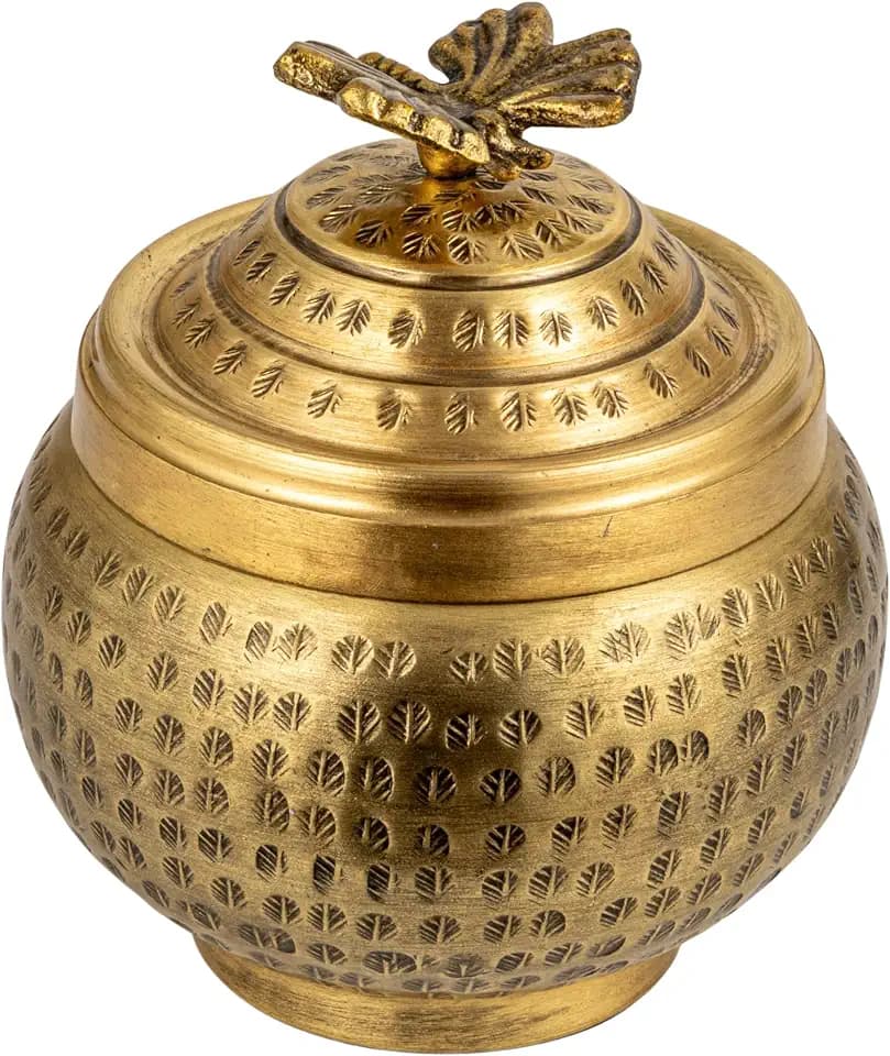 Creative Co-Op Round Hammered Metal Container with Butterfly Finial, Brass Finish