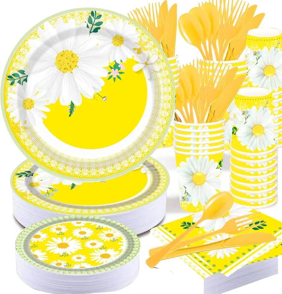 Yellow Daisy Flower Plate - Spring Dessert Paper Plates, Boho Wildflower Daisy Floral Paper Plates, Napkins Cups Plastic Forks Knives Spoons for Office Birthday Tea Party