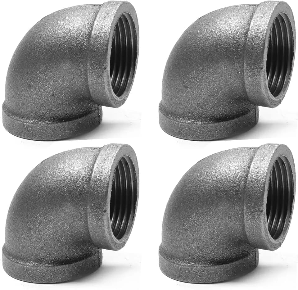 Black Cast Iron 90 Degree Elbow, Female Pipe Fitting, 1/2 Inch Size, for Industrial DIY Furniture & Shelving (4 Pack)