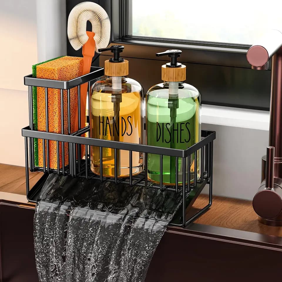 Cisily Kitchen Dish Soap Dispenser Set with 2 Pack 16.9oz Amber Glass Bottle and Sponge Holder, Dish Soap Dispensers with Adjustable Sponge Holder, Vintage Hand and Dish Soap Dispensers Set