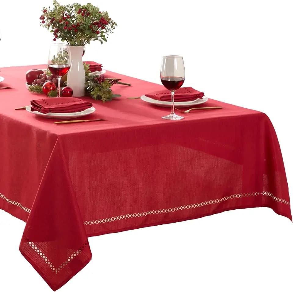 Newbridge Fabric Rectangle Tablecloth, 60 x 102 Inch, Provence Lattice Cutwork Solid Color Textured, Water and Stain Resistant Easy Care Fabric Table Cloth, Red