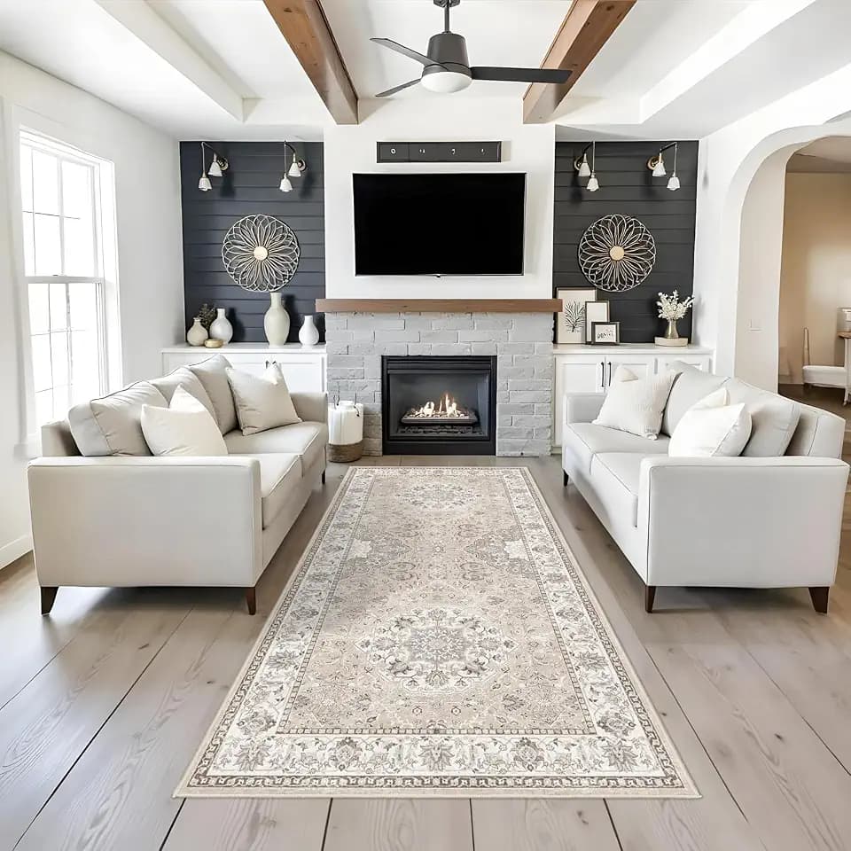 Washable 4x8 Hallway Runner Rug: Vintage 8ft Soft Runners for Entry Kitchen Wide Non Slip Low Pile Carpet for Living Room Bedroom Thin Water Resistant Carpet for Bathroom Dining Room Foyer(Beige,4x8)