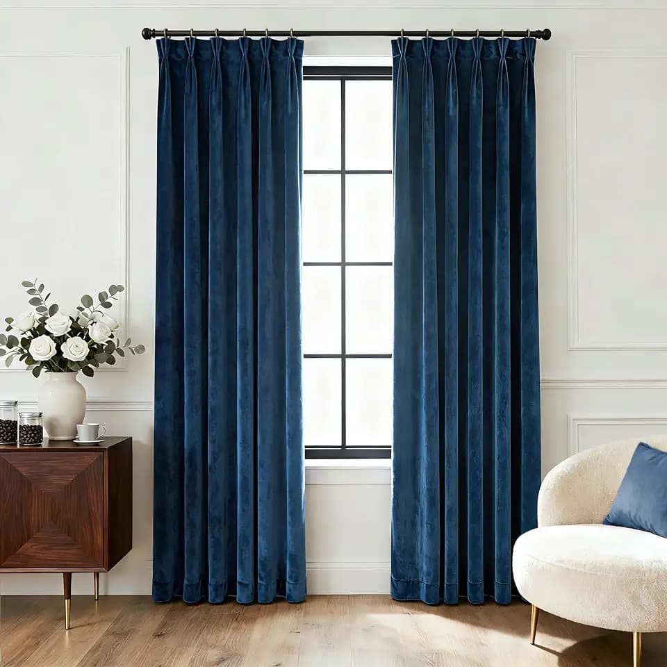 Triple Pinch Pleated Navy Blue Velvet Curtains 100 inch Long Living Room Sliding Door Thermal Insulated Blackout Velvet Drapes Modern Costal Luxury Light Block Long Window Curtain Bedroom Royal Blue