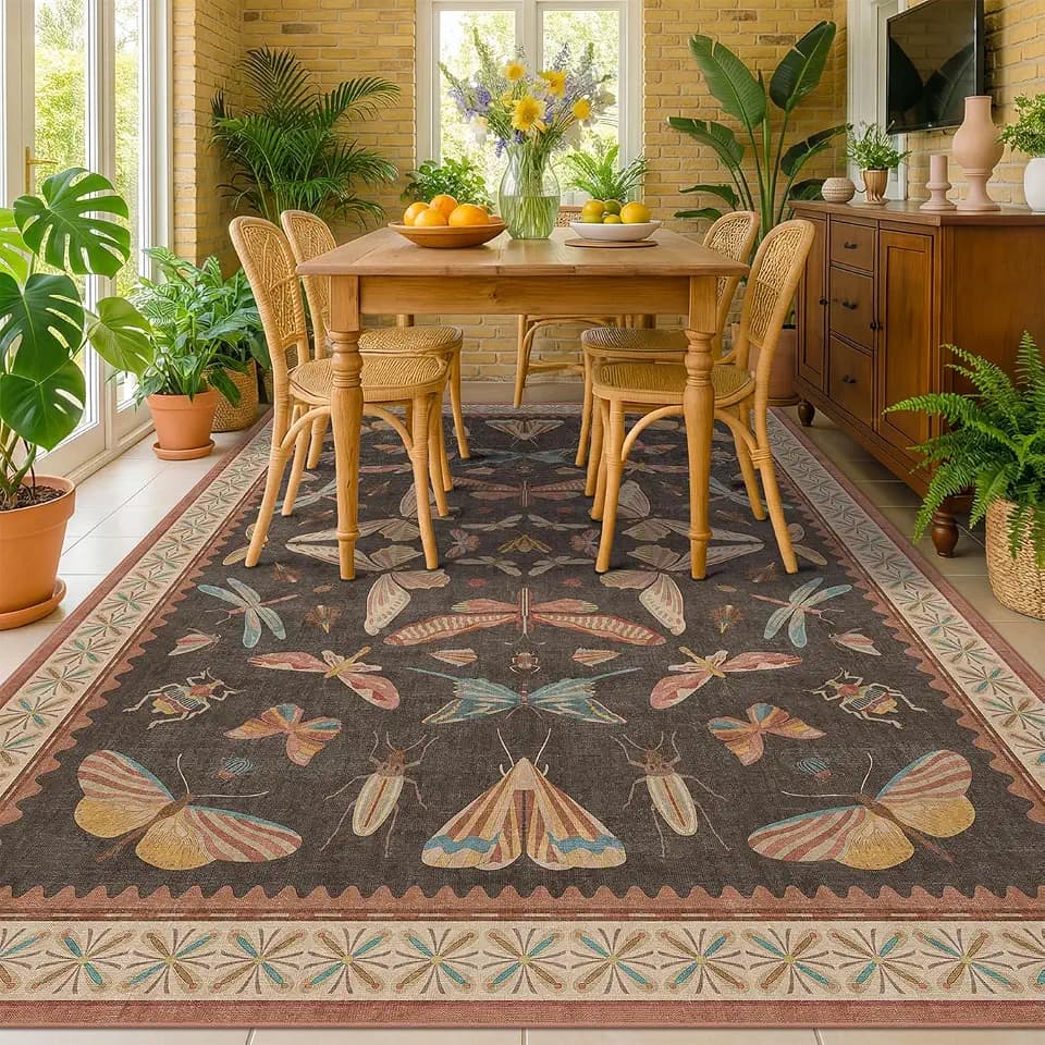 Dining Room Rugs for Under Table 6x9 - Washable Soft Rugs for Bedroom Aesthetic, Low Pile Stain Resistant Living Room Carpet, Vintage Insect Home Décor (Brown)