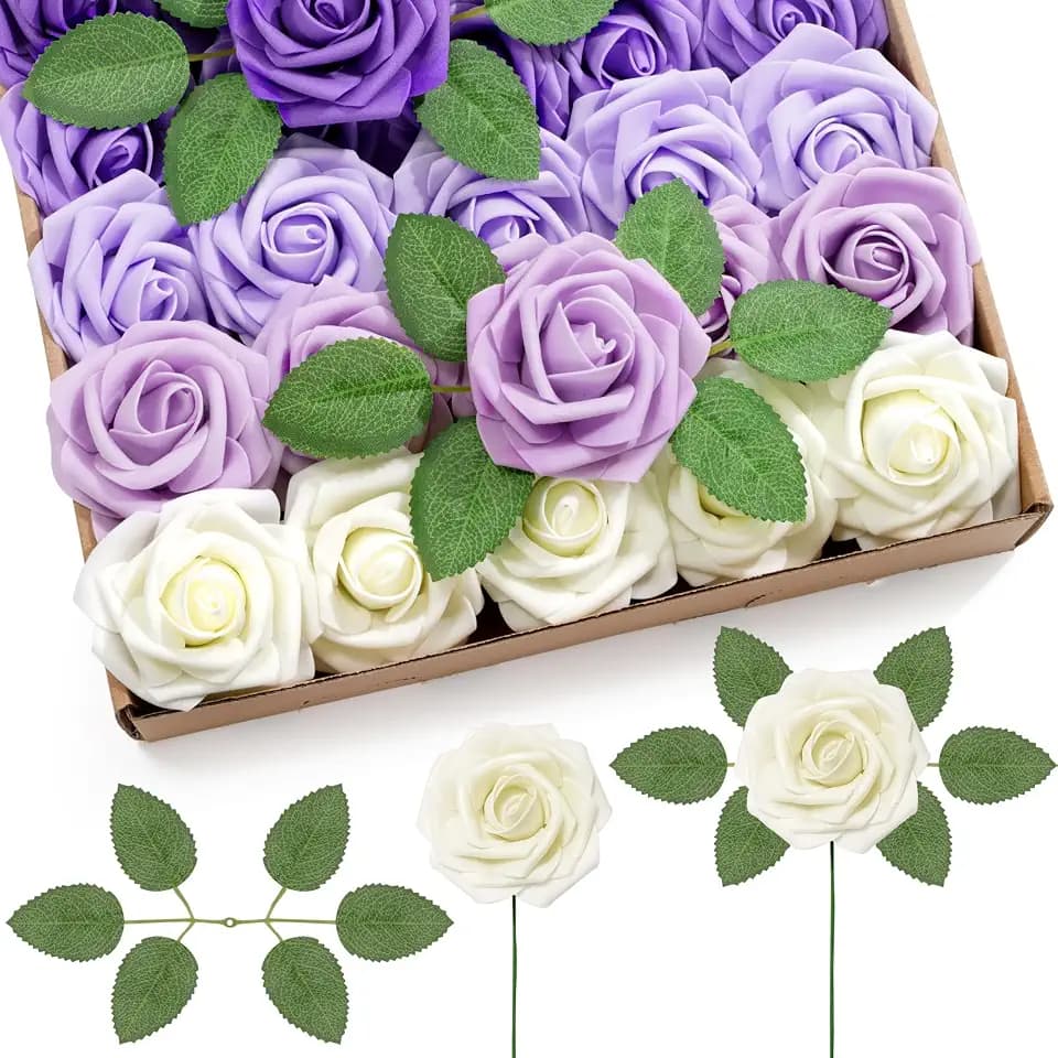 Lifewit Artificial Flowers, 25 Pcs Ivory & Purple Foam Real Looking Roses