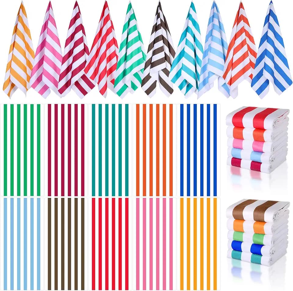 EBOOT 10 Pack Oversized Beach Towel Set Extra Large Pool Towels Microfiber Quick Dry Swim Blanket for Adult Women Men Face Hand Body Bath Travel Pool(Bright Color,36 x 72 Inch,Cabana Stripe)