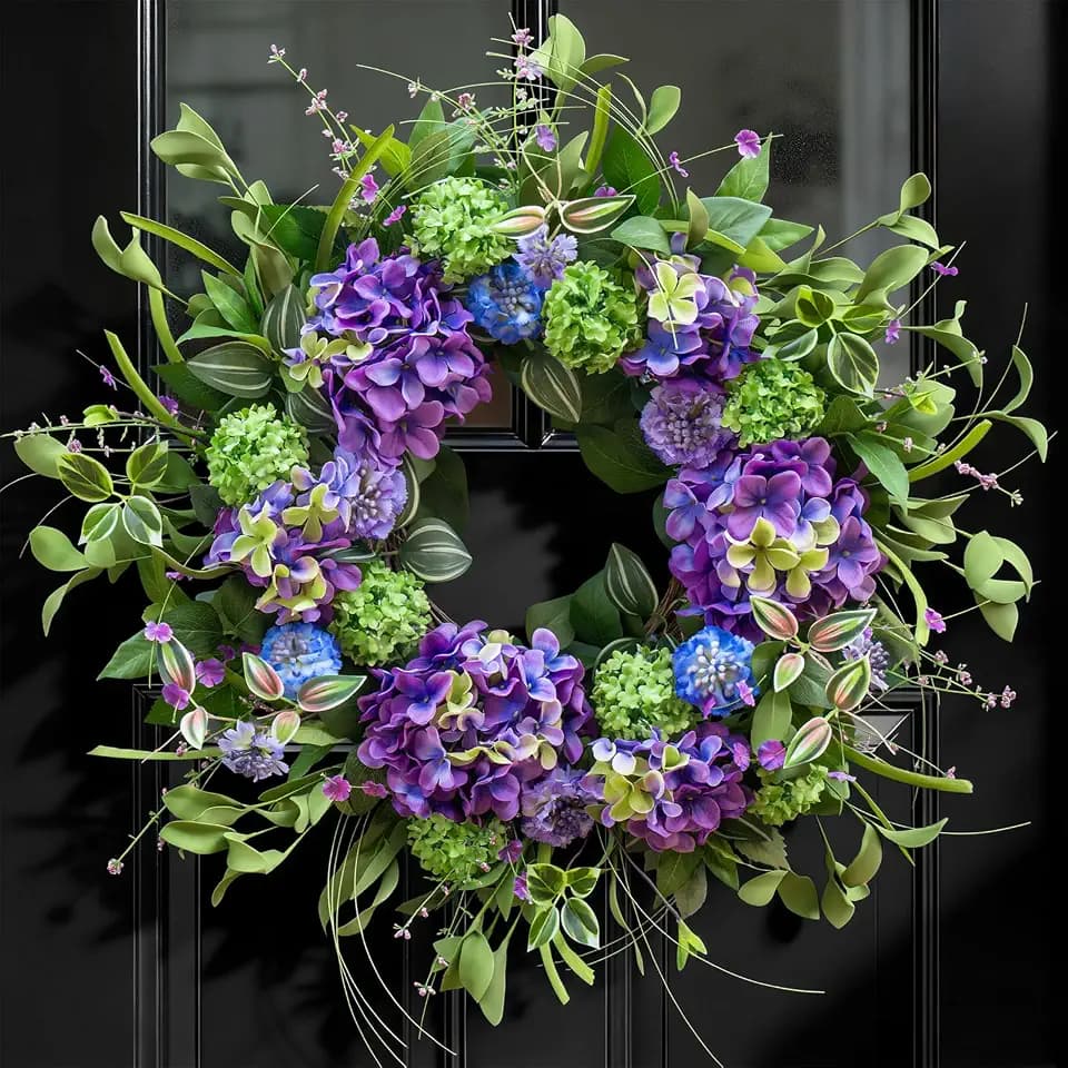 24 Inch Spring Wreath for Front Door, Artificial Hydrangea and Thistle Flowers, Spring and Summer Door Wreath with Lush Greenery, Summer Wreath for Indoor Outdoor Decor
