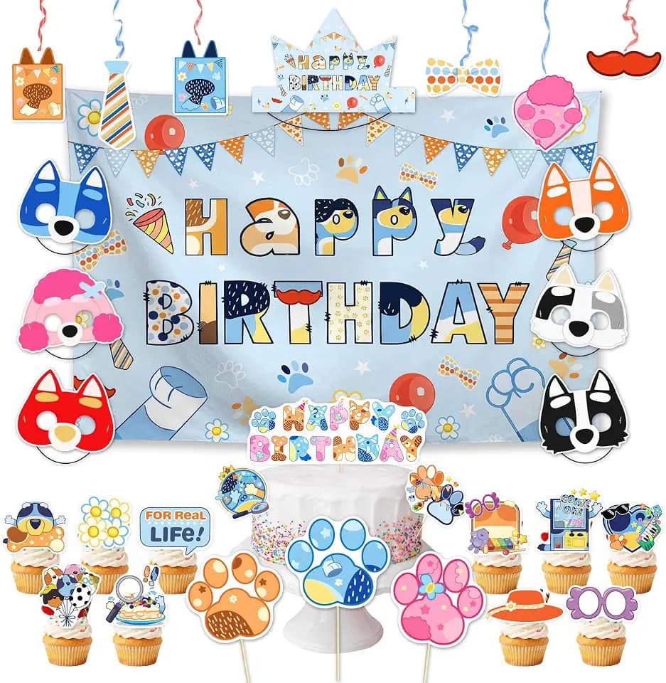 Allenjoy Blue Dog Cute Cartoon Party Decorations Set with Backdrop, Headbands, Masks, Cupcake Toppers, Hanging Swirls and Photo Booth Props, Party Supplies and Favors for Chirstmas Birthday Kids