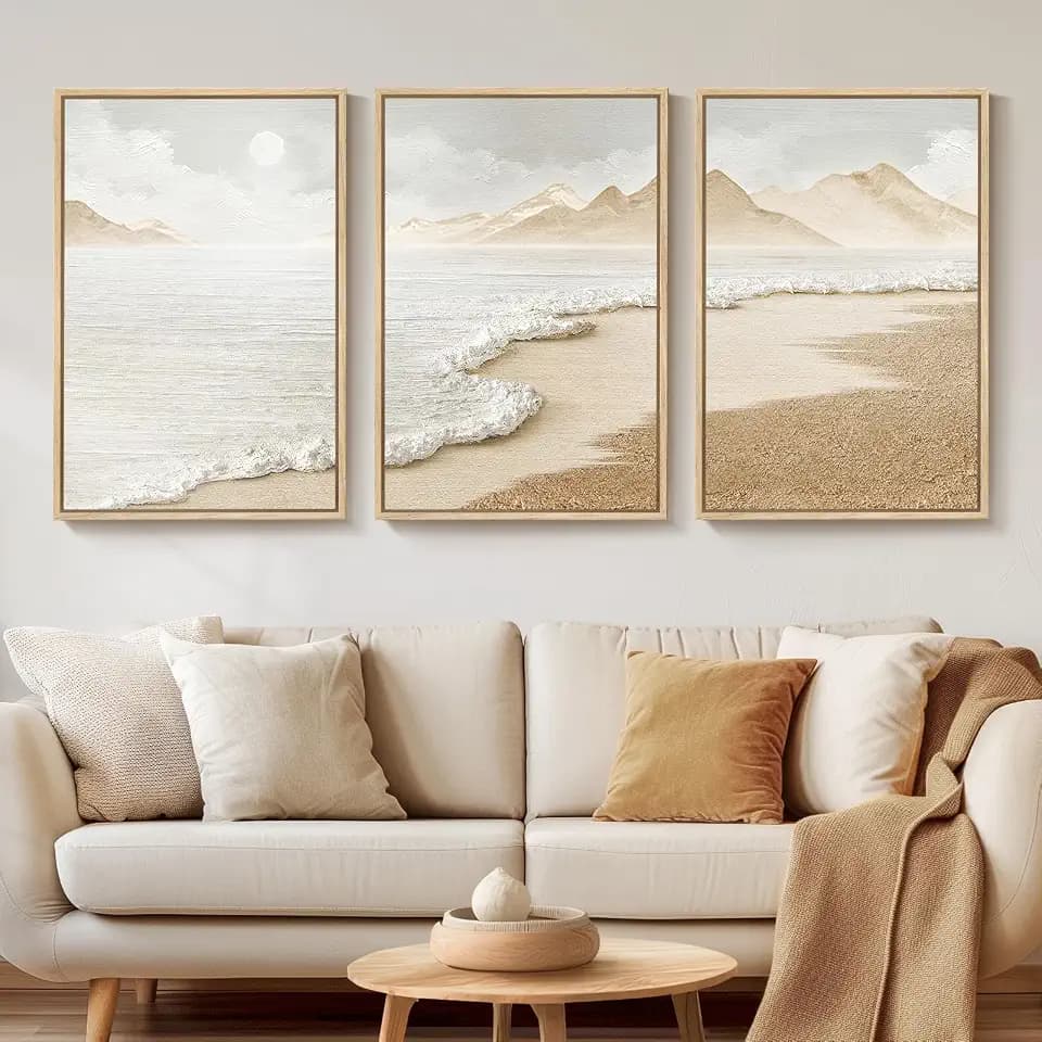 Framed Boho Beach Coastal Wall Art, 3 Piece Ocean Wall Decor, 16x24 Inch