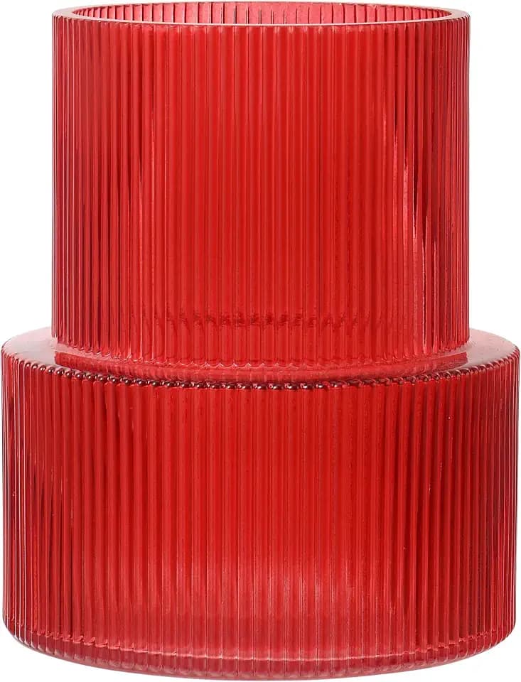 Ribbed Glass Vase, Flower Vase, Fluted Red Vases for Flowers, Modern Vases for Living Room, Dining Table, Entryway, Shelf, Wedding, Office, Coffee Table, Birthday, 7.5 Inches