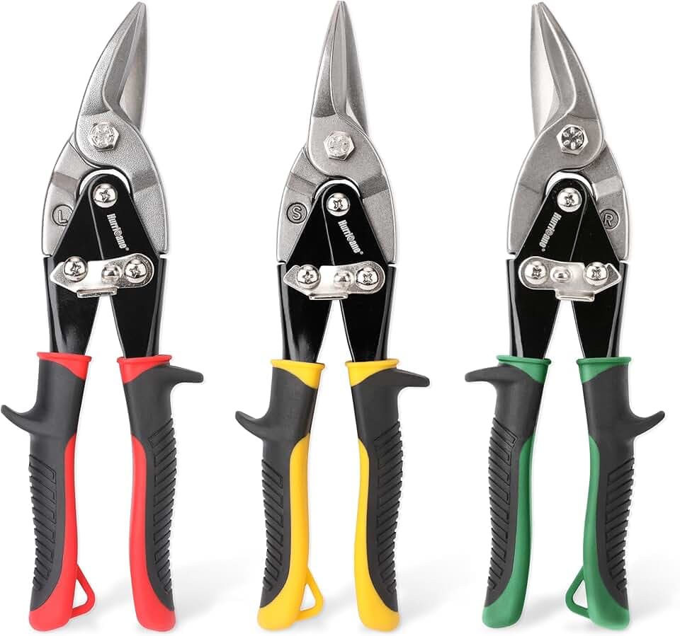 HURRICANE 3 pc Aviation Tin Snips Set, 10 Inch Metal Shears for Straight, Left & Right Curves, Cr-V Steel Blades, Non-Slip TyreGrip Handle, Safety Latch, for Sheet Metal, Gutter, HVAC, DIY
