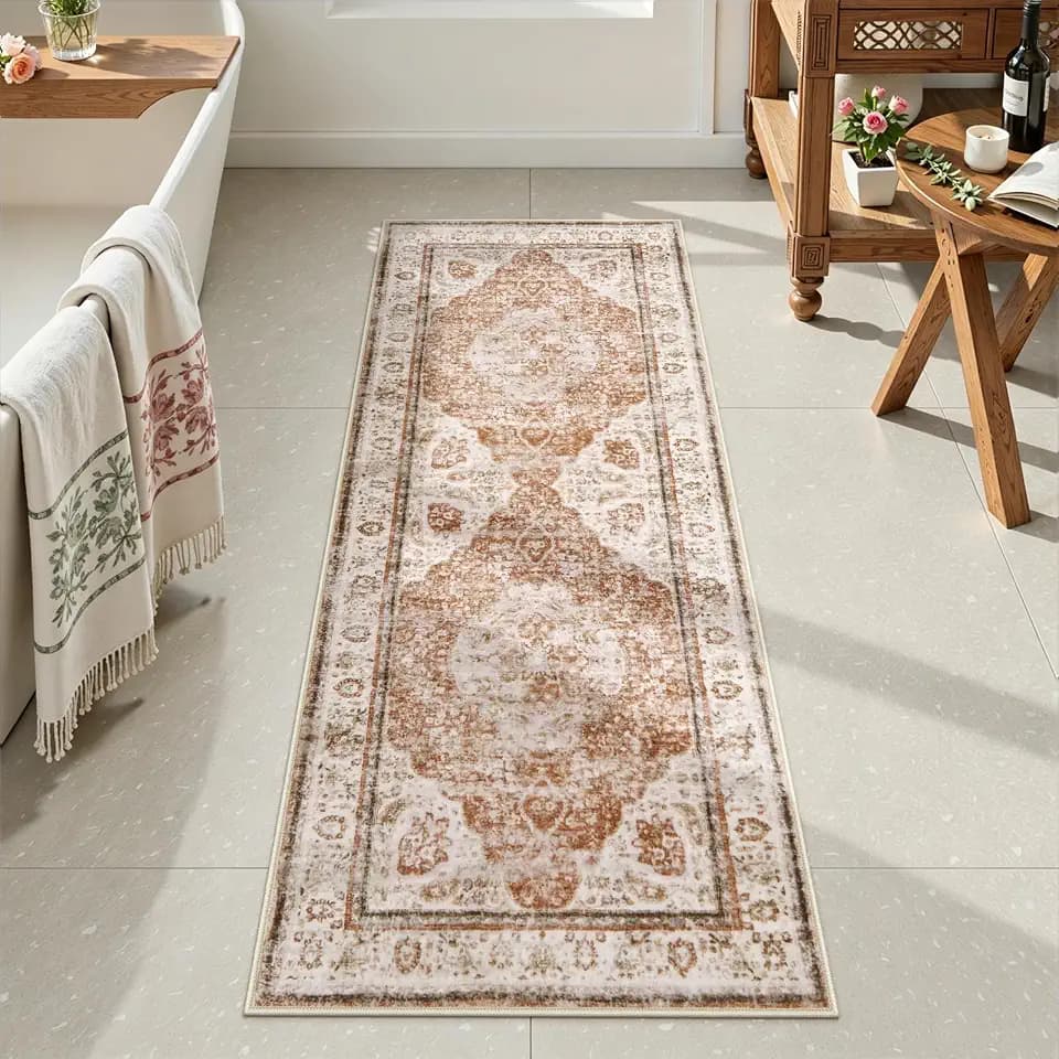 Uphome Bathroom Rugs Runner, Distressed Farmhouse Boho Orange Bath Mat, Non Slip Washable Long Bath Rugs, Vintage Traditonal Soft Velvet Bathroom Runner for Bathtub Sink Shower, 20x60 inch