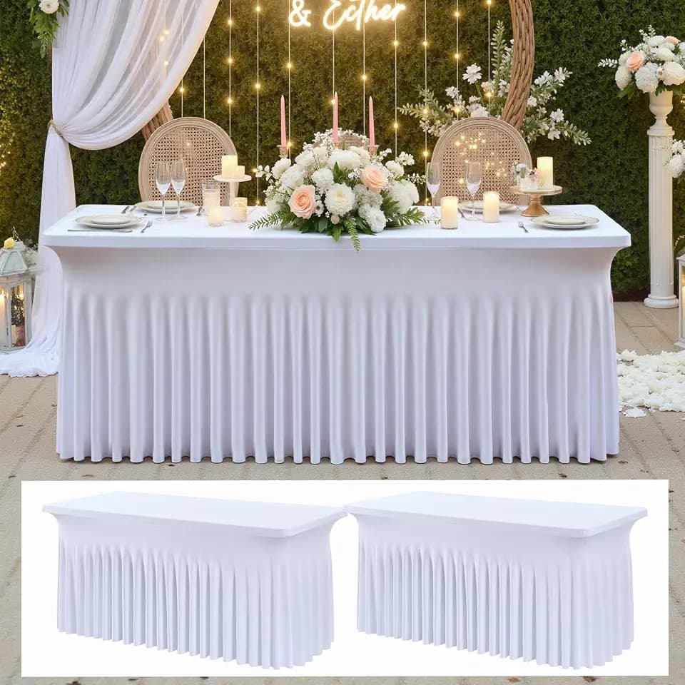 2 pk White Spandex Tablecloth 4ft with Ruffle Table Skirt, Wrinkle Free High Stretch Fitted Tablecloths for 6 Foot Rectangle Tables, Elastic Spandex Table Covers 6ft for Parties Weddings Banquet