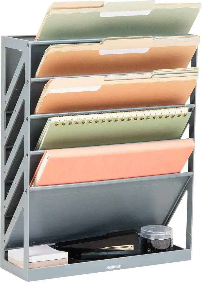 Mind Reader 5-Tier Vertical File Storage, Desktop Organizer, Wall Mount, Office, Plastic, 13"L x 4.25"W x 16"H, Gray