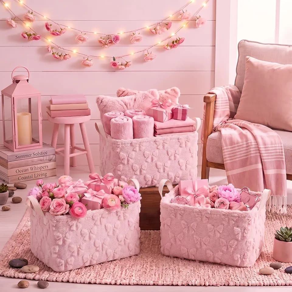 Kathfly 3 Pcs Pink Bow Storage Baskets Plush Faux Fur Jacquard Design