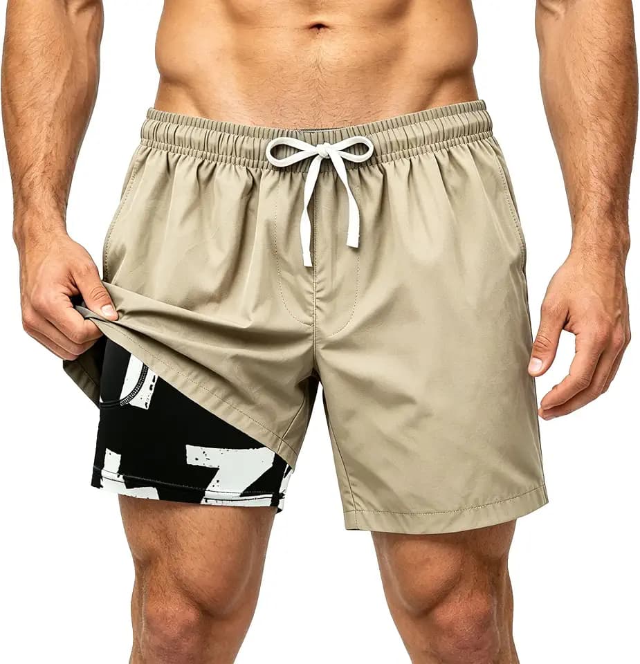 Men's Swim Trunks Hawaiian Quick Dry 2 in 1 Board Shorts with Pockets Drawstring Beach Swimsuits