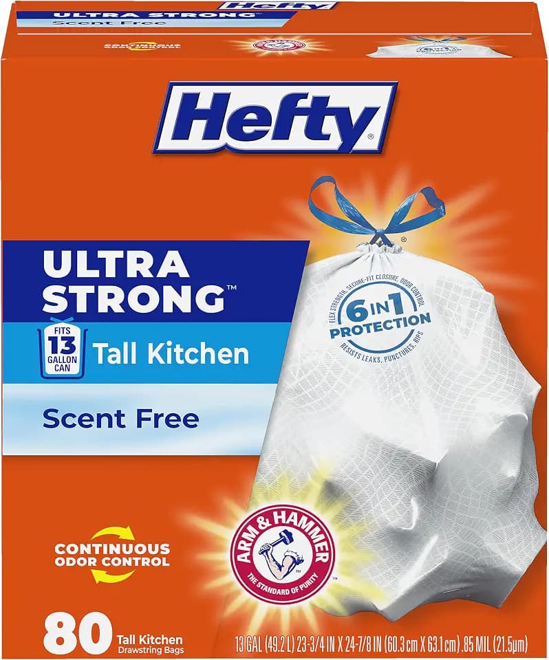 Hefty Ultra Strong 13 Gal Kitchen Trash Bags, White, Unscented, 80ct