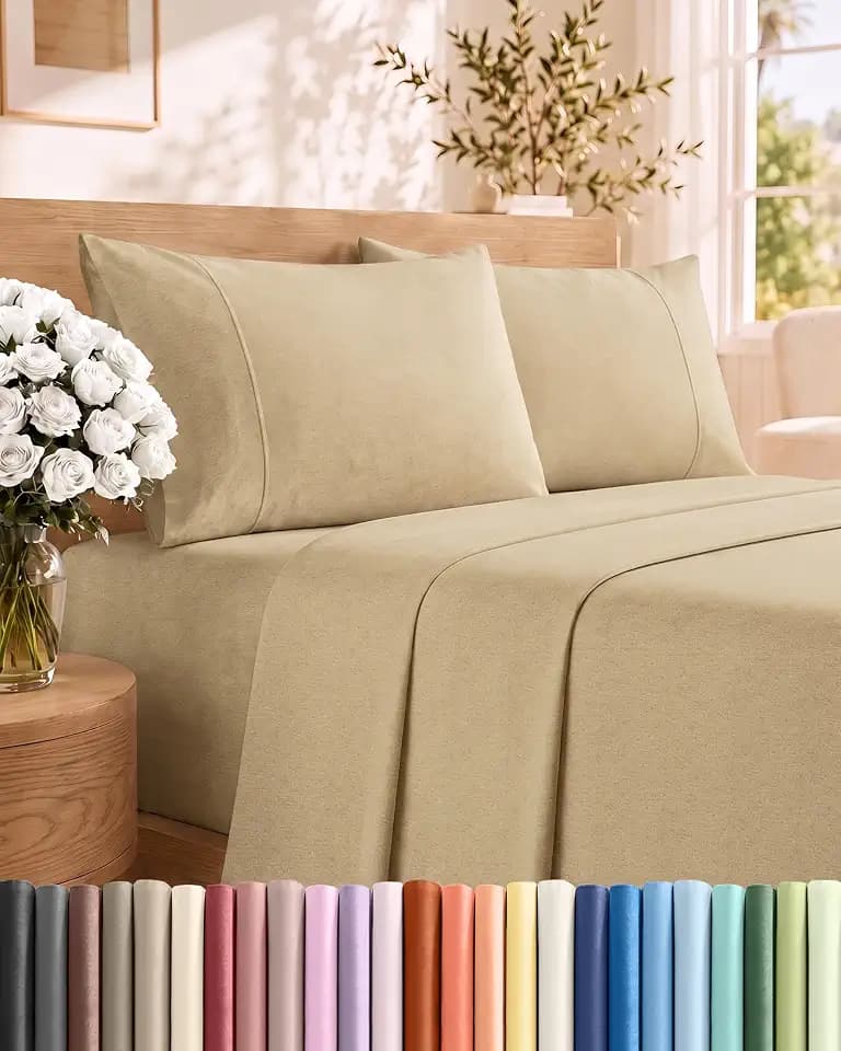 King Size 4 Piece Sheet Set - Breathable & Cooling Sheets - Heathered Tan