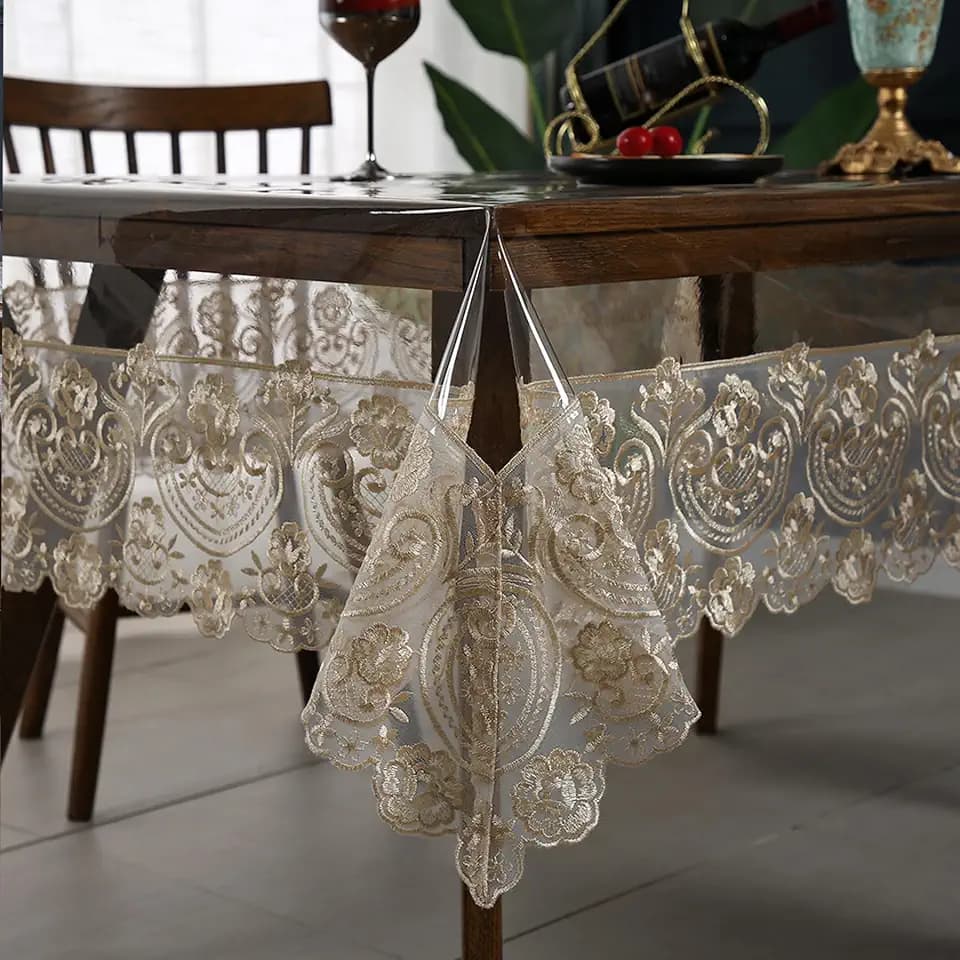 Clear Vinyl Tablecloth, Transparent PVC Table Cloth, Beige, 60 x 104 Inch