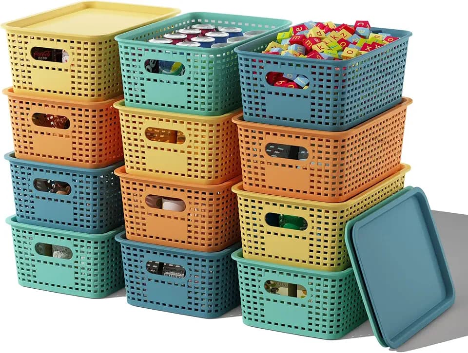 ORGIDOL Plastic Storage Basket with Lids 12 Pack Stackable Colorful Storage Bins Containers with Lid, Decorative Storage Boxes for Organizing Shelves, Drawers, Playroom, Classroom, Office, Closet