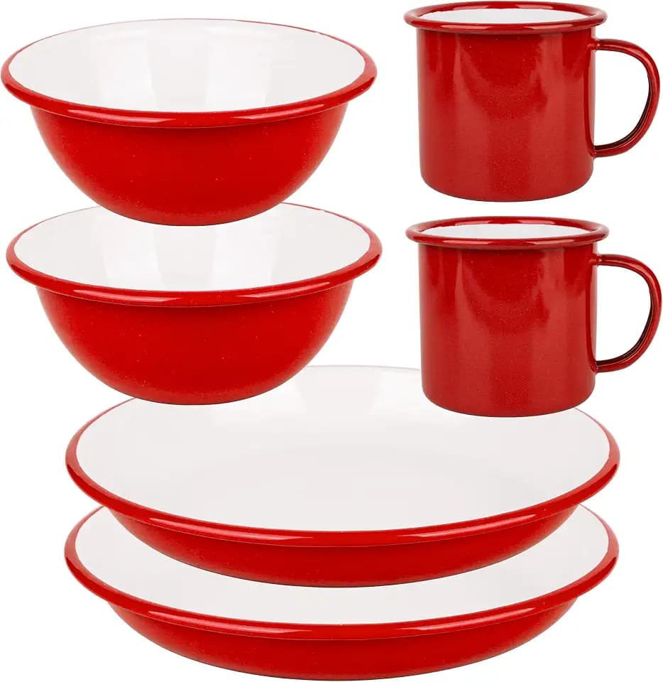 Lost & Found Cornwall 6 Piece Enamelware Enamel Mug Plate Bowl Set | Premium Emaille Esszimmer 2 Schüsseln tiefe Teller Tassen | für Outdoor Camping Wandern